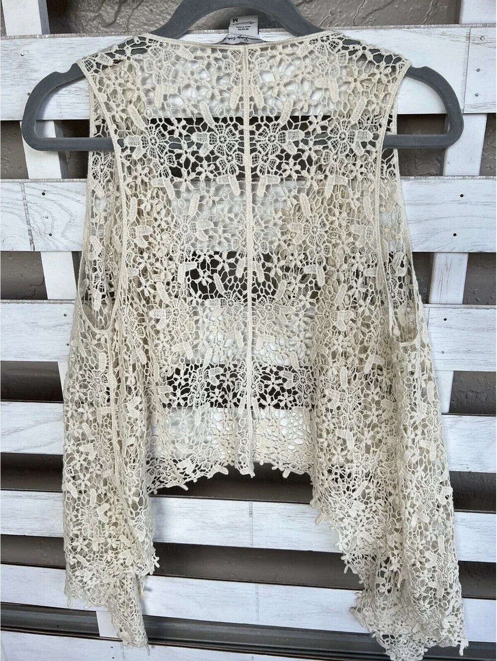 American Rag Cie Crochet Vest Top Natural Beige Floral Open Knit Size M